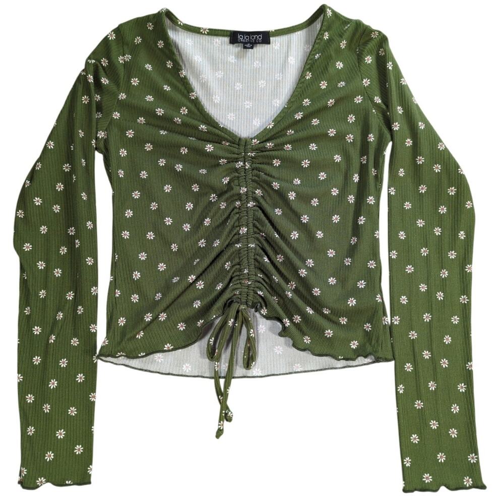 La La Land Creative Co Daisy Floral Ruched Top Green Made in USA Women's S